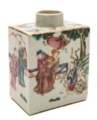 A Chinese famille rose porcelain caddy: of rectangular section, painted with dignitaries,