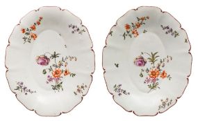 A pair of Derby dishes: of oval scalloped form,