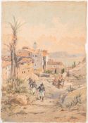 Emmanuel Costa [1833-1921]- Naval landing party, Villefranche-sur-Mer, a view to a bay beyond,
