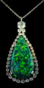A sugared black opal and diamond pear-shaped pendant: the pear-shaped sugared black opal