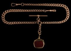 A 9ct gold, graduated curb-link watch chain: with 9ct gold t-bar and gilt metal,