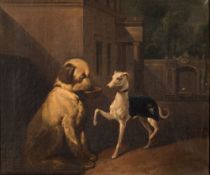 German School [19th Century]- Large dog with bowl and a greyhound in a courtyard of a Palladian