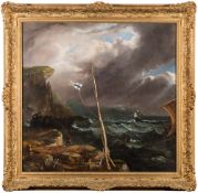 Manner of Philip de Loutherbourg, Circa 1800- Stormy coastal scene, shipwrecks in the foreground,