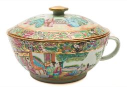 A Canton famille rose chamber pot and cover: with side handle and gilt finial,