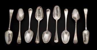 Five George II silver Hanoverian pattern tablespoons, maker Paul Hanet, London, 1738: crested,