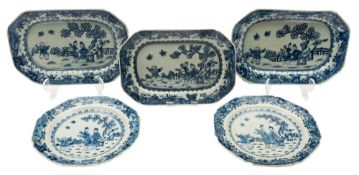 A set of seven Chinese blue and white graduated octagonal dishes and two matching plates: painted