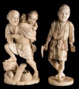 Two Japanese ivory okimonos: the first in the form of a smiling man holding a gourd and carrying