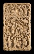 A 19th century Cantonese carved export ivory card case and cover: the whole decorated with figures