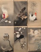 A group of eight Japanese woodblock prints: heightened with watercolours, depicting birds,