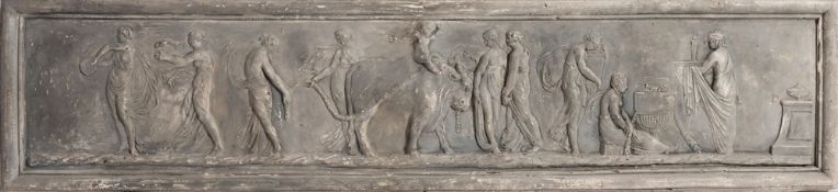 A cast classical plaster frieze: the figures in low relief including dancers, musicians,