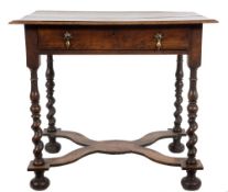 A William and Mary oak rectangular side table:, the overhanging top with a moulded edge,