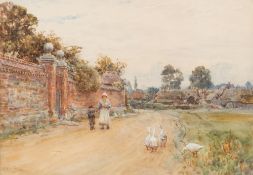 Ernest Albert Waterlow [1850-1919]- Figures and geese beside the gateway to a country house,