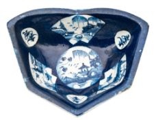 A Bow blue and white hors d'oeuvres dish: painted with oriental landscapes and flower sprays within
