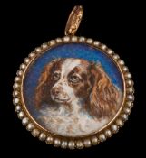 An early 20th century gold and seed-pearl circular miniature portrait locket: with central glazed