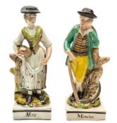A pair of Staffordshire pearlware figures 'Mower' and 'Mate': the mower holding a scythe,