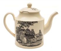 A late 18th century creamware teapot and cover: of cylindrical form,