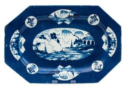 A Bow blue and white porcelain octagonal dish: painted with oval,