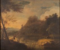 Manner of Richard Wilson [19th Century]- An upland lake scene; figures and sheep in the foreground,