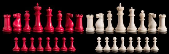 An English ivory Staunton style pattern chess set: one side stained red,