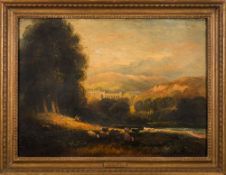 Circle of David Cox, 19th Century- Bolton Abbey; a view across a meadow with cattle grazing,
