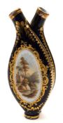 An early 19th century 'stone china' double flask or cruet bottle: painted with river landscapes