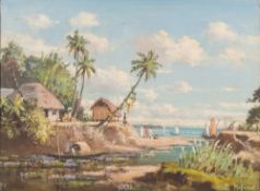 Anglo/Goan School, mid 20th Century- Fishing boats in a lagoon,