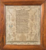 A 19th century needlework sampler: with central verse enclosed by flowering shrubs, birds,