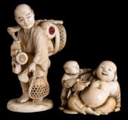 A Japanese carved ivory okimono, signed Isshi; and a netsuke,