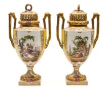 A pair of Helena Wolfsohn Dresden two-handled pot pourri vases and covers: painted with alternating