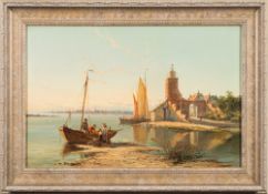 William Raymon Dommersen [1850-1927]- A calm river estuary scene, boat onshore with figures,