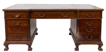 An Edwardian Indo-Colonial teak pedestal desk of large size:,