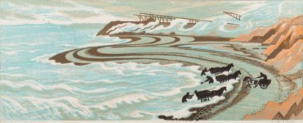 * Clifford Cyril Webb [1895-1972]- Gathering Sea Coal, Northumberland:- linocut in colours signed,