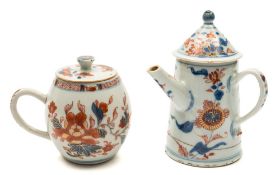 A small Chinese Imari chocolate pot and cover and a similar barrel shaped mustard pot and cover: