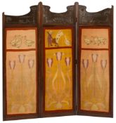 An Arts and Crafts oak frame, copper and upholstered three fold screen:,