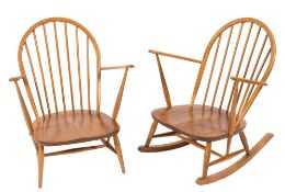A 1960's Ercol elm and beech stick back Windsor type low armchair:,