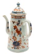 A Chinese Imari chocolate pot and cover: of tapered cylindrical form with side spout and domed