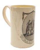 A late 18th century creamware Commemorative mug: of cylindrical form with grooved loop handle,