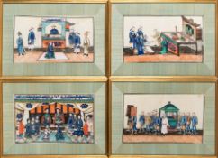 A set of four 19th century Chinese painted rice paper pictures: depicting various court scenes with