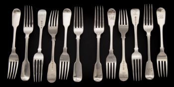 Twelve silver Fiddle pattern dessert forks, various makers and dates: initialled,