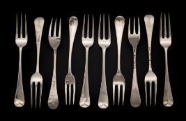 Ten assorted Hanoverian pattern dessert forks, various makers and dates, most marks worn: crested,