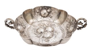 An Augsburg silver two-handled wine tasting dish: of lobed circular outline,
