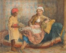 Circle of Carl Haag [1820-1915]- Bedouin Interior; an Arab boy serving fruit to a woman reclining,