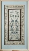 Two Chinese mandarin silk embroidered sleeve bands: one decorated with figures in a pagoda