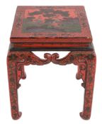 A Chinese red and black lacquer square urn table:,