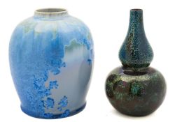 A Royal Doulton 'Flambe' double gourd vase and a Ruskin-style art pottery vase: the first decorated