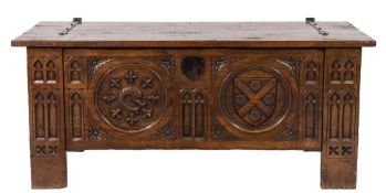 A Contemporary carved oak coffer in the Medieval taste:, by Stuart Interiors,