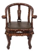 A Chinese carved hardwood and marquetry open armchair:, inlaid with bats,
