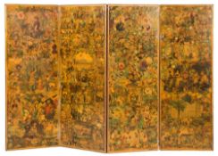 A Victorian four fold scrapwork screen:, with all over decoration of figures, landscapes,