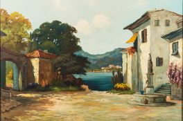 Italian School 20th Century- View through a villa courtyard to a lake beyond,