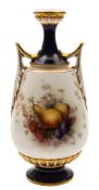 A Royal Worcester two-handled vase: painted by Richard Sebright with a bunch of pears, plumbs,